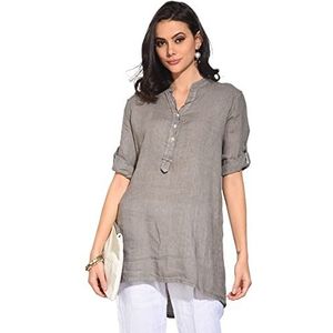 Bonateks Tuniek top voor dames, 100% linnen, gemaakt in Italië, blouse met Tunesische kraag en lange mouwen, om aan te sluiten, woestijn, maat: XL, Woestijn, XL