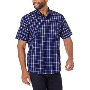 Amazon Essentials Men's Poplin overhemd met normale pasvorm en korte mouwen, Marineblauw Vensterruit, M