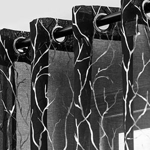 Kotile Zwarte pure gordijnen 160 cm lengte, metallic zilver folie boom tak gordijnen doorvoertule top privacy zwart en zilver pure gordijnen voor slaapkamer, 132 x 160 cm, 2 panelen, zwart zilver