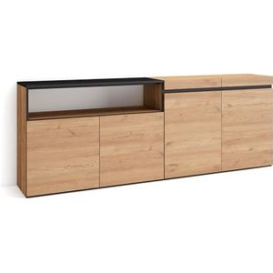 Skraut Home | Dressoir, Opbergkast | Buffetkast, Sideboard | 200x75x35cm | 4 Deuren | Woonkamer, hal | Moderne stijl | Eiken/Zwart