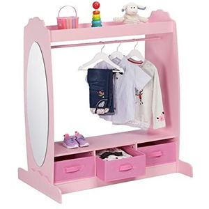 Relaxdays kledingrek kinderen, 5 vakken, garderobe kinderkamer, kledinghaken en spiegel, HxBxD: 107 x 97,5 x 61 cm, roze
