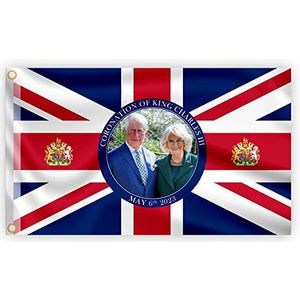 Grote 5x3FT Union Jack Vlag Nieuwe Koning Charles III Queen Consort Camilla Britse Monarch Soevereine Kroning Viering Groot-Brittannië Vlag Tuin Straat Pub Outdoor Decoraties