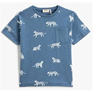 Koton Boys Tiger bedrukt T-shirt met korte mouwen en ronde hals, zakdetails, katoen, blauw (624), 5-6 Jaar