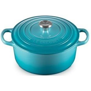 LE CREUSET Kenmerkende geëmailleerde gietijzeren ronde braadpan met deksel, 22 cm, 3,3 liter, groenblauw, 211772217