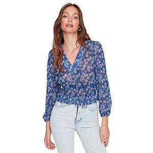 TRENDYOL Dames Woman Basic Regular Standaard V-hals Woven Blouse Shirt, blauw, 34