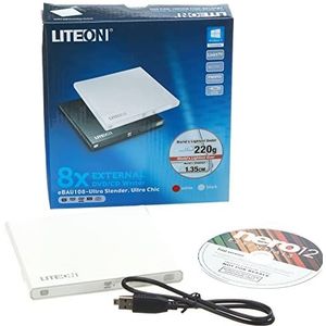 Lite-On Extern DVD-station - External Slim USB DVD-RW (Handige stroomvoorziening via de USB-poort - SMART Burn voor max. schrijfkwaliteit - geoptimaliseerde leessnelheid) 8X extern wit