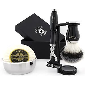 Haryali London Scheerset - 5 stuks scheerset - scheerblad met 3 randen scheerscheermes - scheerkwast voor synthetisch haar - scheerzeep - scheerkom - scheerstandaard - zwarte kleur scheerset als