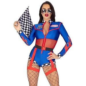 Leg Avenue 2 PC Cherry Bomb Racer, includes long sleeved zip up romper with sheer midriff and badge accents, flame detail and checkerboard trim, and belt with attached garters