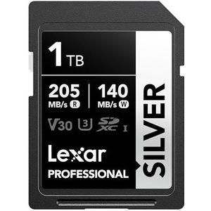 Lexar 1TB SD-kaart ZILVER, tot 205 MB/s lezen, 140 MB/s schrijven, SDXC UHS-I-geheugenkaart, klasse 10, U3, V30, SD-kaart voor professionele fotografen, videografen, liefhebbers