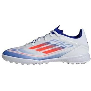 adidas F50 League voetbalschoenen voor dames en heren, Ftwr White Solar Rood Lucide Blauw, 44 EU