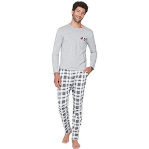 Trendyol Man geruite gebreide T-shirt-broek pyjama set, Antraciet, S