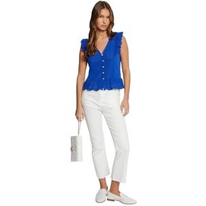 MORGAN Dames T-shirt korte mouwen geborduurd V-hals blauw maat XS, Blauw, XS