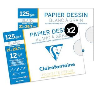 Clairefontaine 96154AMZC – een set met 2 tekenhoezen voor school, 12 vellen, wit tekenpapier, A4, 21 x 29,7 cm, 125 g, ideaal voor kunststoffen