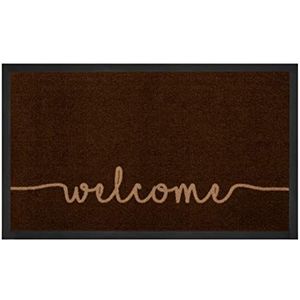 HANSE Home Printy Deurmat voor binnen en buiten, 45 x 75 cm, vuil-vasthoudende deurmat, Cozy Welcome met opschrift, wasbaar en weerbestendig, antislip, voor entree en buiten, donkerbruin/beige