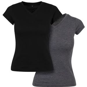 Build Your Brand Basic T-shirt voor dames, set van 2 stuks, V-hals, verkrijgbaar in de maten XS-XL, zwart/charcoal, L