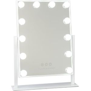 Flamingueo Hollywood Spiegel Met Verlichting, 12 LED, 3 Modi, Instelbare Intensiteit, Touch Control, Dimbare Positie, Vergrotende Accessoire Inbegrepen, Wit, 36 x 47,5 x 7,5 cm