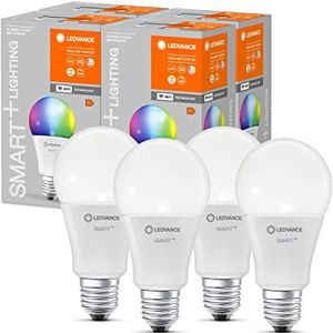 LEDVANCE Slimme LED-lamp met WiFi-technologie, E27-basis, Dimbaar, Lichtkleur veranderbaar (2700-6500K), RGB-kleuren veranderbaar, vervangt gloeilampen van 75 W, 4-pak