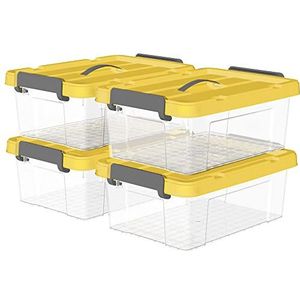 Cetomo 20L* 4 Plastic Opbergdoos, Tote doos, Transparante Organiserende Container met Duurzaam geel Deksel en Veilige Klink Gespen, Stapelbaar en Nestable, 4Pack