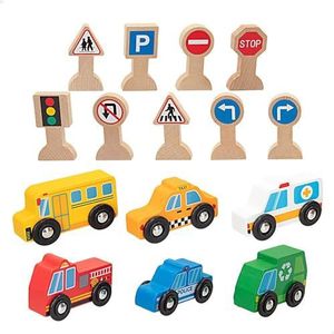 WOOMAX - Set van 6 voertuigen en 9 verkeersborden, symbolisch spel, houten speelgoed FSC, speelgoedauto's, burgerdienst voor jongens en meisjes, aanbevolen vanaf 18 maanden (47214)