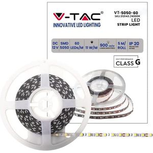 V-TAC Ledstrip voor binnen, 11 W, 5 meter lang, SMD 5050, hoge helderheid, natuurlijk wit licht 4000 K, zelfklevend, voor thuis, keuken, kamer, 12 volt