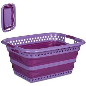 Relaxdays opvouwbare wasmand, 35 liter, kunststof mand, met handvatten, heupwasmand, inklapbaar, gaten, paars/felroze