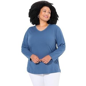 Ulla Popken Dames grote maten plus size shirt, V-hals, relaxed, lange mouwen, inktblauw, 62/64 NL