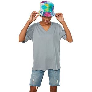 Trendyol Dames 100% Katoen Suprem V-hals Vriend Gebreid T-shirt T-shirt, Grijs, L EU, grijs, L