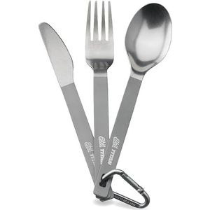 Esbit Titanium bestekset, hoogwaardig campingbestek met vork, mes en lepel, ultralichte bestekset met nylon tas