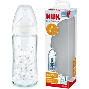 NUK First Choice Glazen fles, 0-6 maanden, temperatuurregeling, zuignap van siliconen, koliekventiel, BPA-vrij, 240 ml
