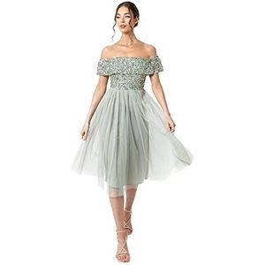 Maya Deluxe Avondjurk met pailletten, cocktailjurk voor dames met V-hals, tule jurk voor dames met korte mouwen, Green Lily., 56 NL