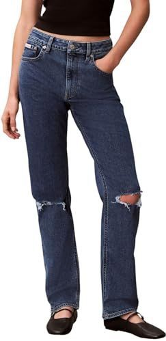 Calvin Klein Dames EU HIGH Rise Straight Destroyed LV047E614G Jeans, blauw (destroyed SEA), 24W/30L, Blauw (vernietigde zee), 24W / 30L
