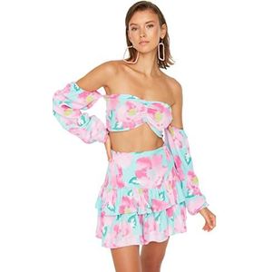 Trendyol Dames bloemenpatroon Carmen Collar Gipeli Rok Blouse Bottom Top Pak Rok Set, Multi Color, 36