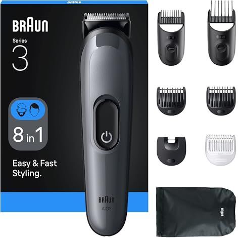 Braun All-in-One Series 3 Verzorgingsset, 8in1, Ultrasterk Scheerblad, 14 Lengtes, Precieze Trim Of Gezicht & Haar, 50 Min Gebruikstijd, Makkelijk & Snel Stylen, AIO3540, Grijs