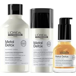 L’Oréal Professionnel, Routine Tegen Haarbreuk, Voor Gekleurd en Beschadigd Haar, Zuivert en Versterkt de Haarvezel, set met Shampoo, geconcentreerde olie & Leave-in Cream, Metal Detox