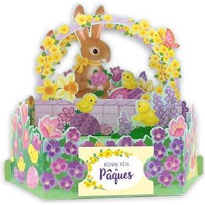 Draeger Paris | Pop -up kaart, 3D -wenskaart met envelop - ""Happy Paasdag"" konijnenmand en kuikens - 18 x 11,5 cm formaat