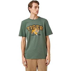 Koton Heren College T-shirt Tijgerprint Ronde Hals Korte Mouw, Kaki (801), M