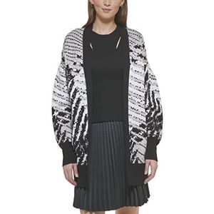 DKNY Dames Open Front Drop Shoulder Checked Cardigan Sweater Sweater, Zwart/Ivoor/Flint Heather Grey, XS