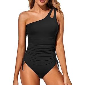 Holipick One Shoulder One Piece Swimsuit for Women Tummy Control Drawstring Bathing Suits Modest Full Coverage Keyhole Swimwear