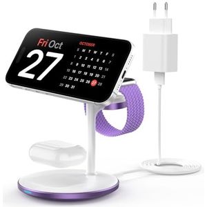 Mag-Safe 3-in-1 inductief laadstation voor meerdere apparaten, 15 W Mag-Safe laadstation voor iPhone 15 14, MagSafe oplader voor iWatch Ultra 2/1/Series 9, AirPods, paars