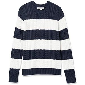 Amazon Essentials Lange mouw 100% Katoen Visser Kabel Crewneck Trui, Navy/White Streep, S