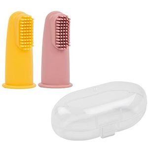 Nattou Babytandenborstel van siliconen, 2 x vingertandenborstel voor baby's en peuters, 1 x beschermhoes, BPA-vrij, siliconen, geel/roze
