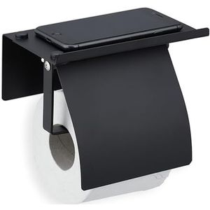 Relaxdays toiletrolhouder met plank - rvs - modern - wc-rolhouder met klep - muur - zwart