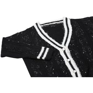 faina Dames middellange pailletten versiering temperament kleur passend gebreid vest zwart maat XS/S, zwart, XS