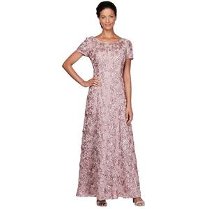 Alex Evenings Women's Long Rosette Mother of The Bride Dress with Short Sleeves, Wedding Guest (Petite and Regular Sizes), Rose, 14