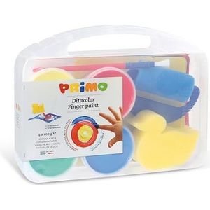 Morocolor vingerverfverf in plastic blikjes, 4 kleuren x 100 g. Multifunctionele koffer, 6 sjablonen, 1 sponsroller, 1 Jumbo PINSEL, 1 kunststof onderlegger