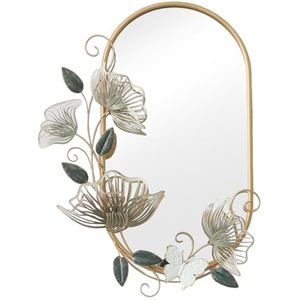 DRW Wandspiegel van metaal met bloemen en vlinders in goud, 7,5 x 58 x 81 cm