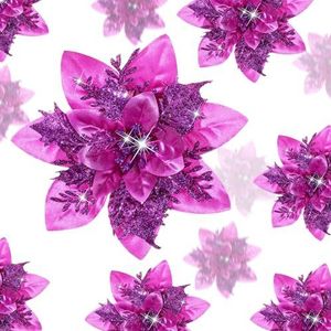 24 Kerst Glitter Kunstkerstster Bloemen Xmas Poinsettia Kunstmatige Bruiloft Bloemen Decoraties Kerstboom Ornamenten met Clips voor Feestgunsten, 15,5 cm, 15,5 cm, 7,5 cm (donkerpaars)