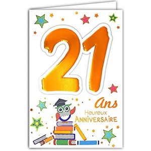 Age Mv 69-2023 verjaardagskaart, 21 jaar, jonge mannen, dames, studenten, lezen, diplom, uil, sterren,