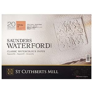Saunders Waterford Serie, plakblok, 4 pagina's, 26 x 36 cm, satijnen korrel, 300 g, 20 vellen, 100% katoen, aquarelpapier, wit