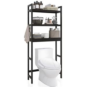 SMIBUY badkamer opbergplank, bamboe over-het-toilet organizerrek, vrijstaand toilet ruimtebesparend met 3-laags verstelbare planken (zwart)